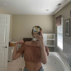 super cute plaid cropped off shoulder top